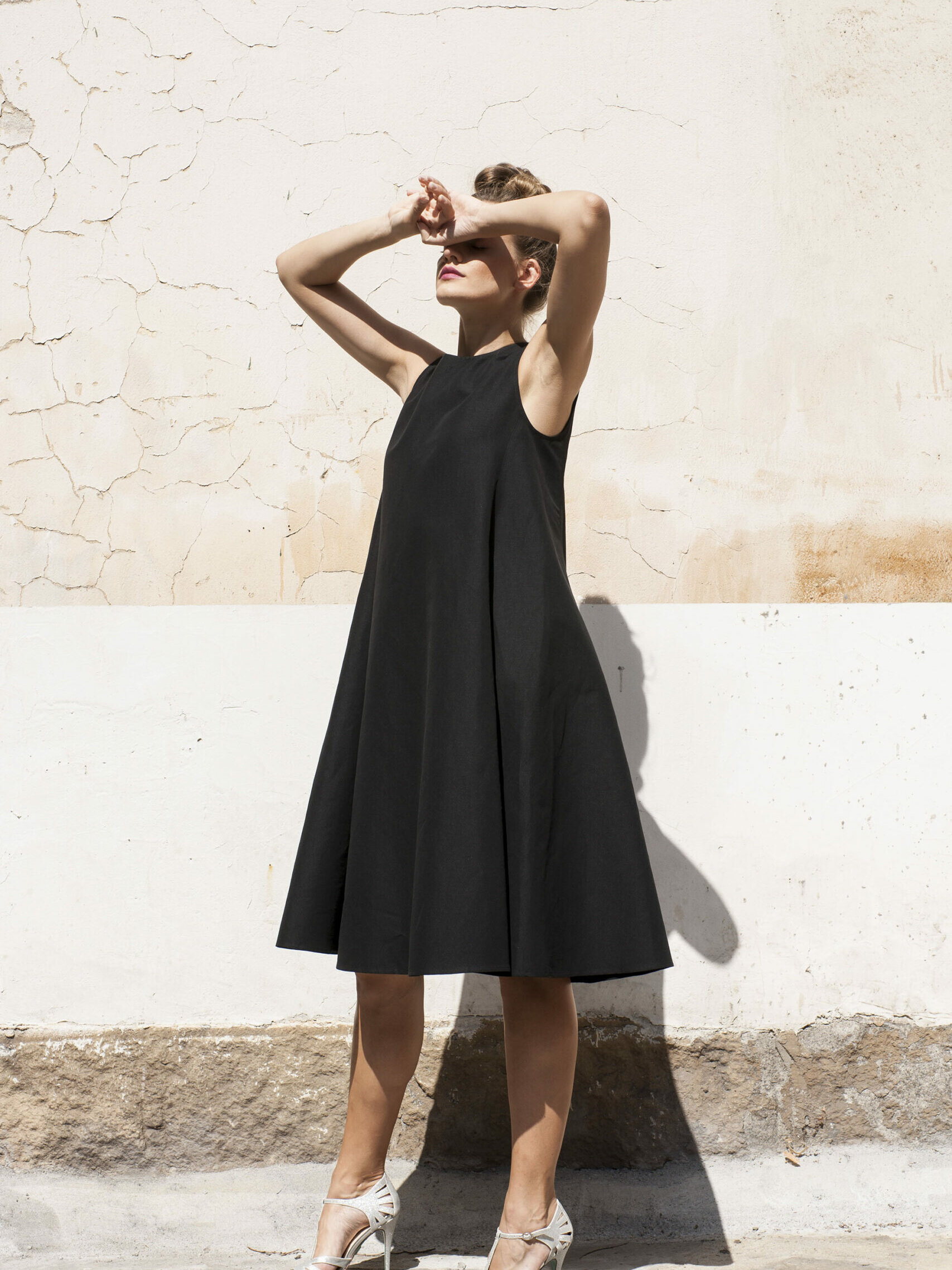 A shaped black linen dress with a belt full size scaled uai • Sassa Björg