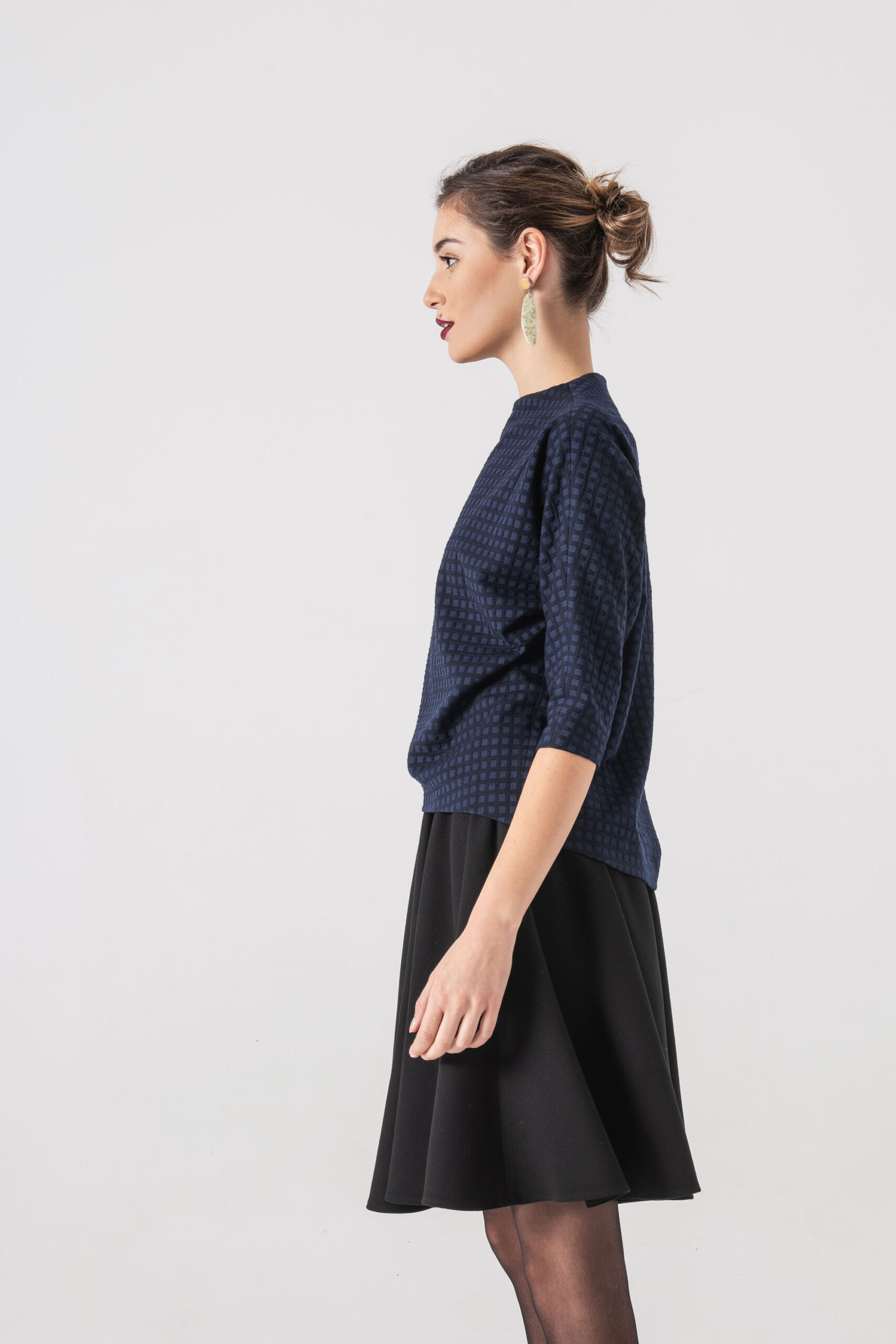 Blue chequered blouse bat sleeve black skirt side scaled • Sassa Björg