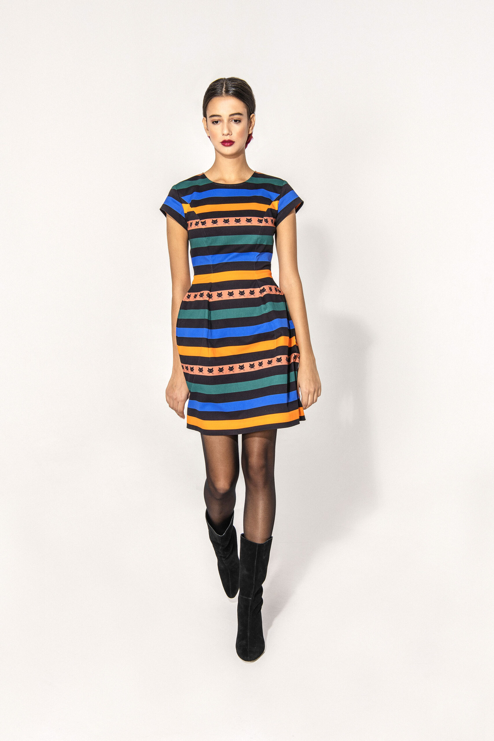 Colored stripes dress walking scaled • Sassa Björg