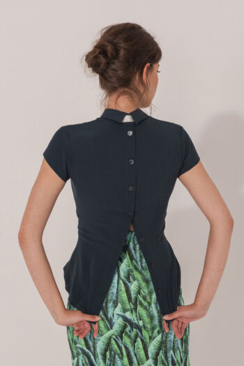 Petrol blue shirt with back buttons and a bow back • Sassa Björg
