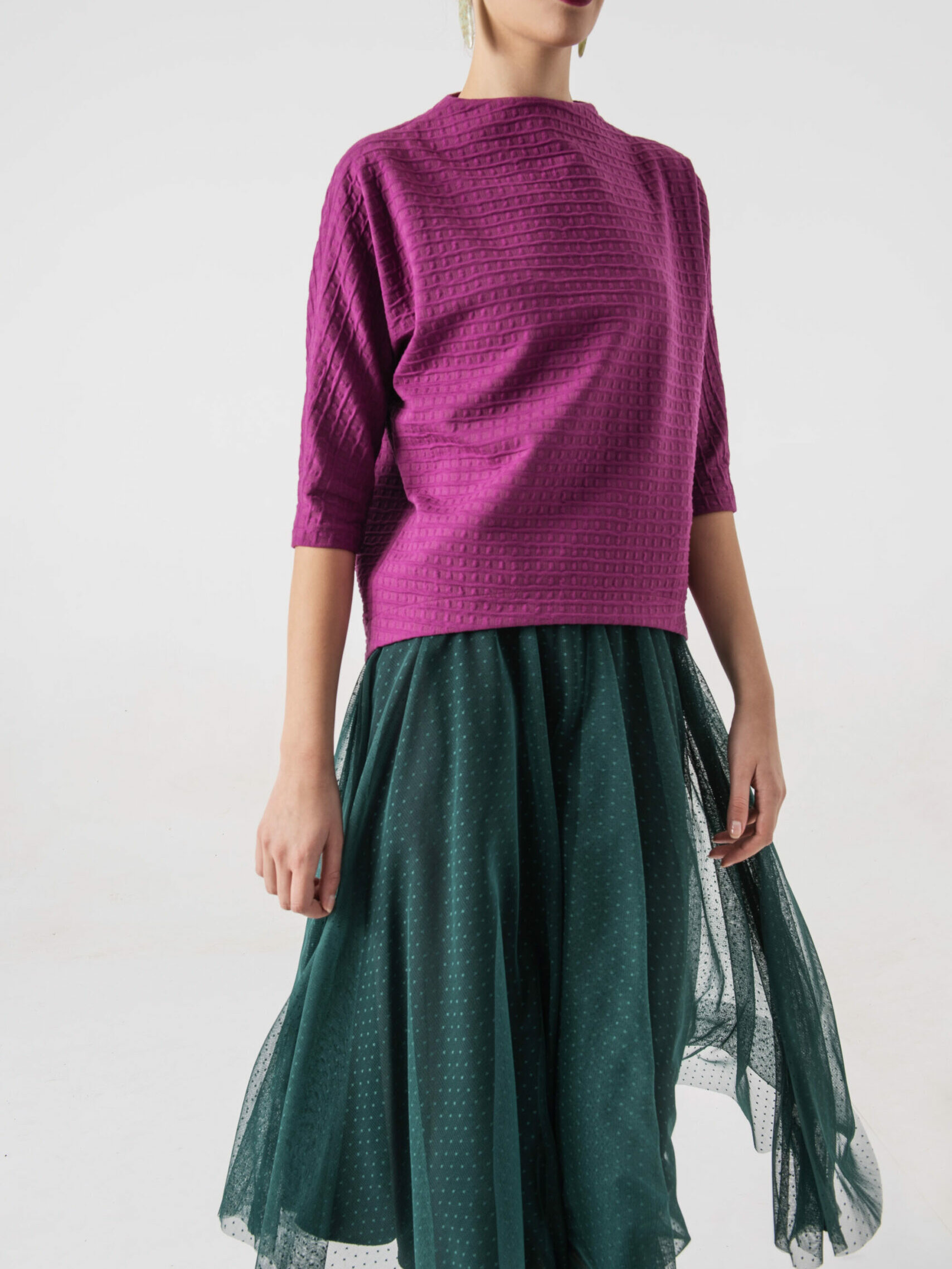 Pink chequered blouse bat sleeve tulle skirt closeup scaled uai • Sassa Björg