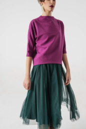 Pink chequered blouse bat sleeve tulle skirt closeup scaled uai • Sassa Björg