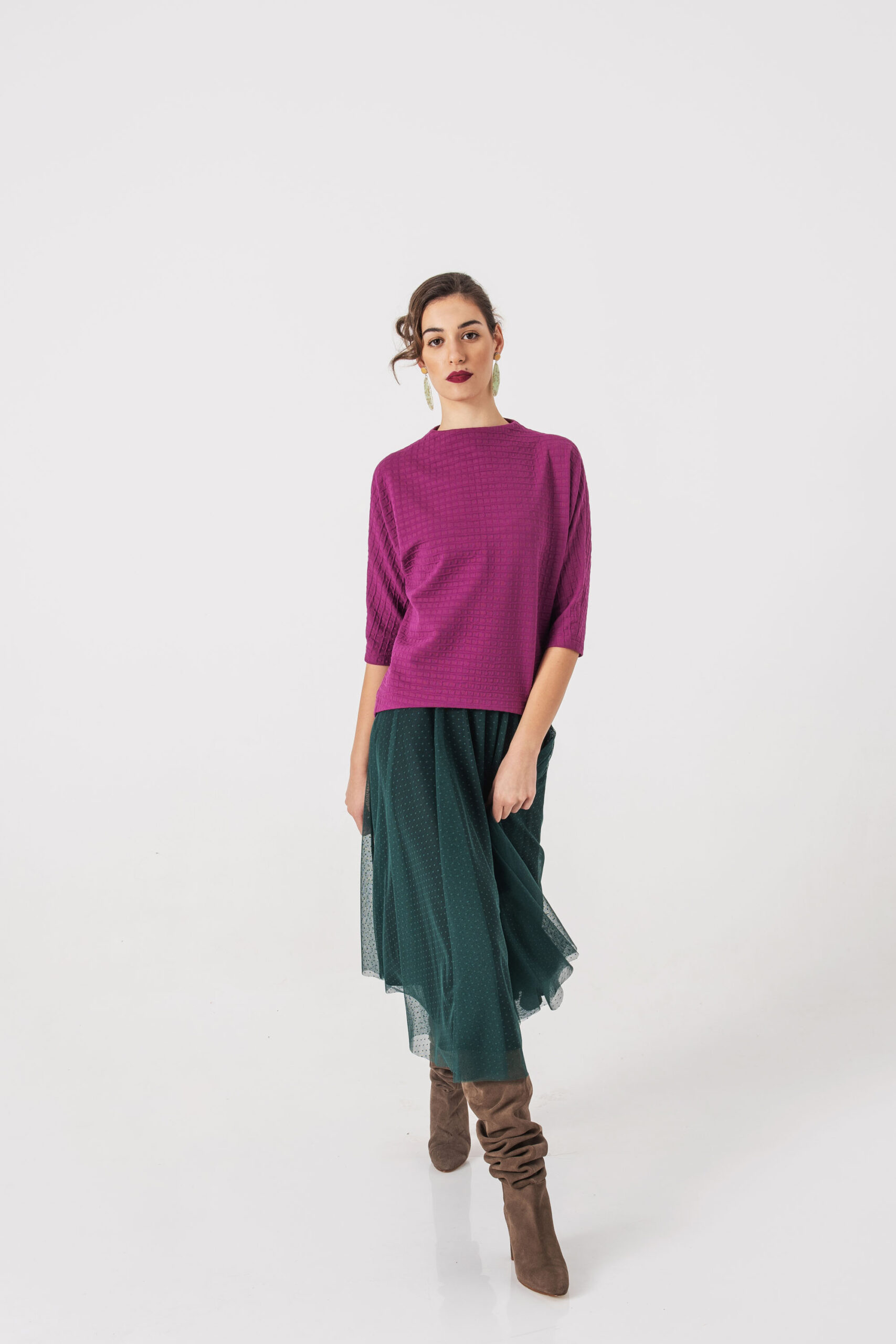 Pink chequered blouse bat sleeve tulle skirt walking scaled • Sassa Björg
