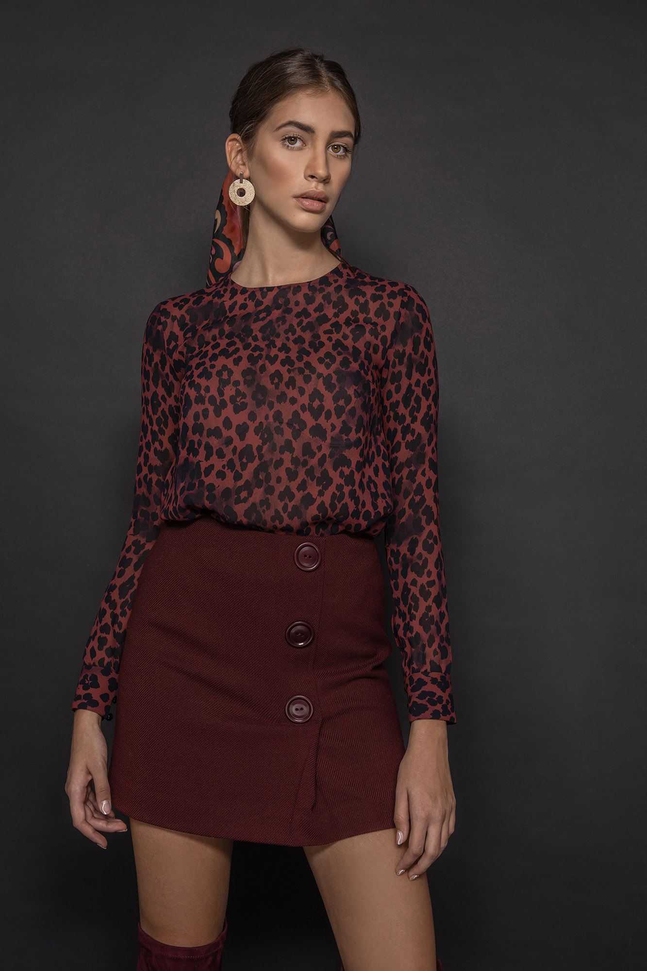 leopard print blouse in bordo front • Sassa Björg