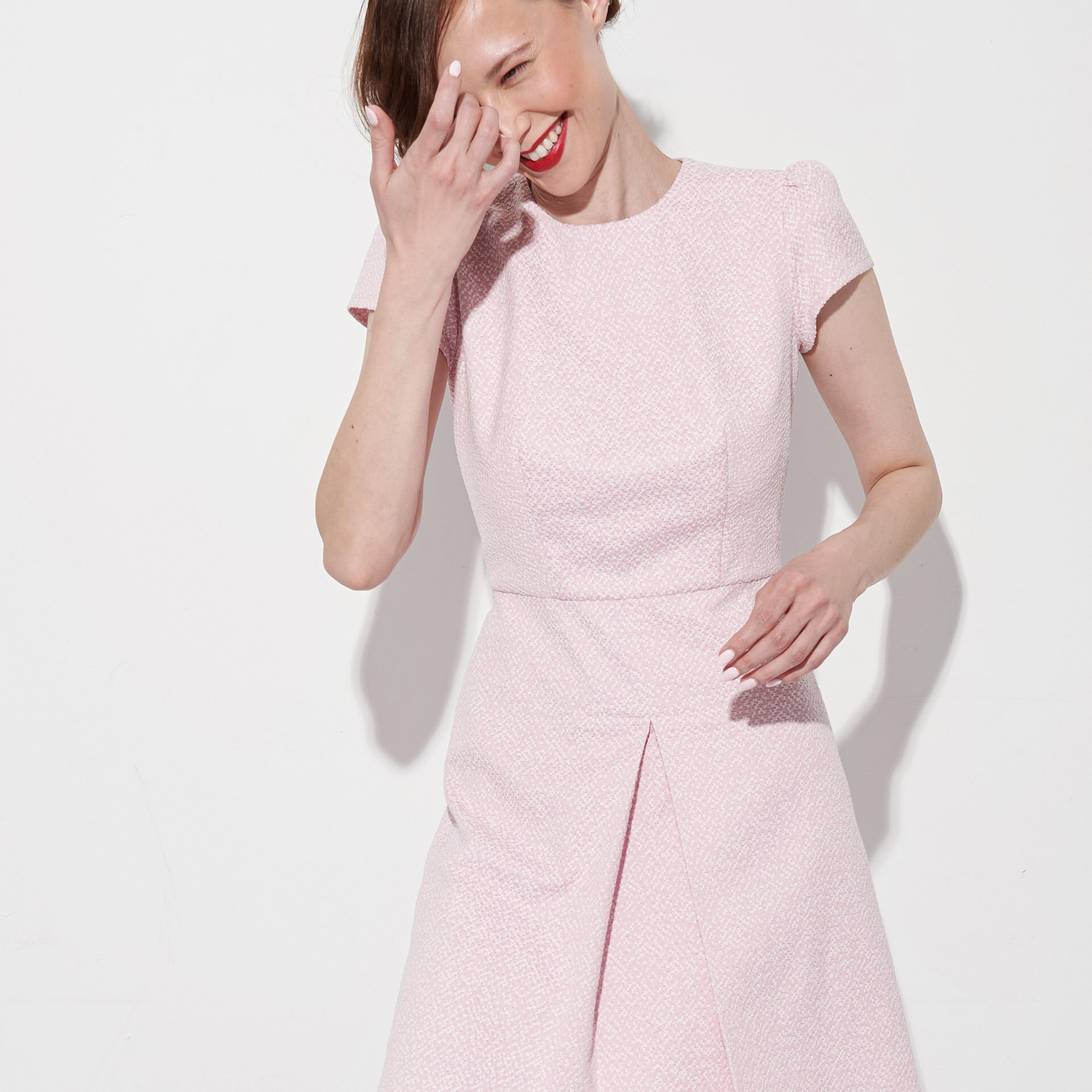 baby pink jacquard mini dress crop front uai • Sassa Björg