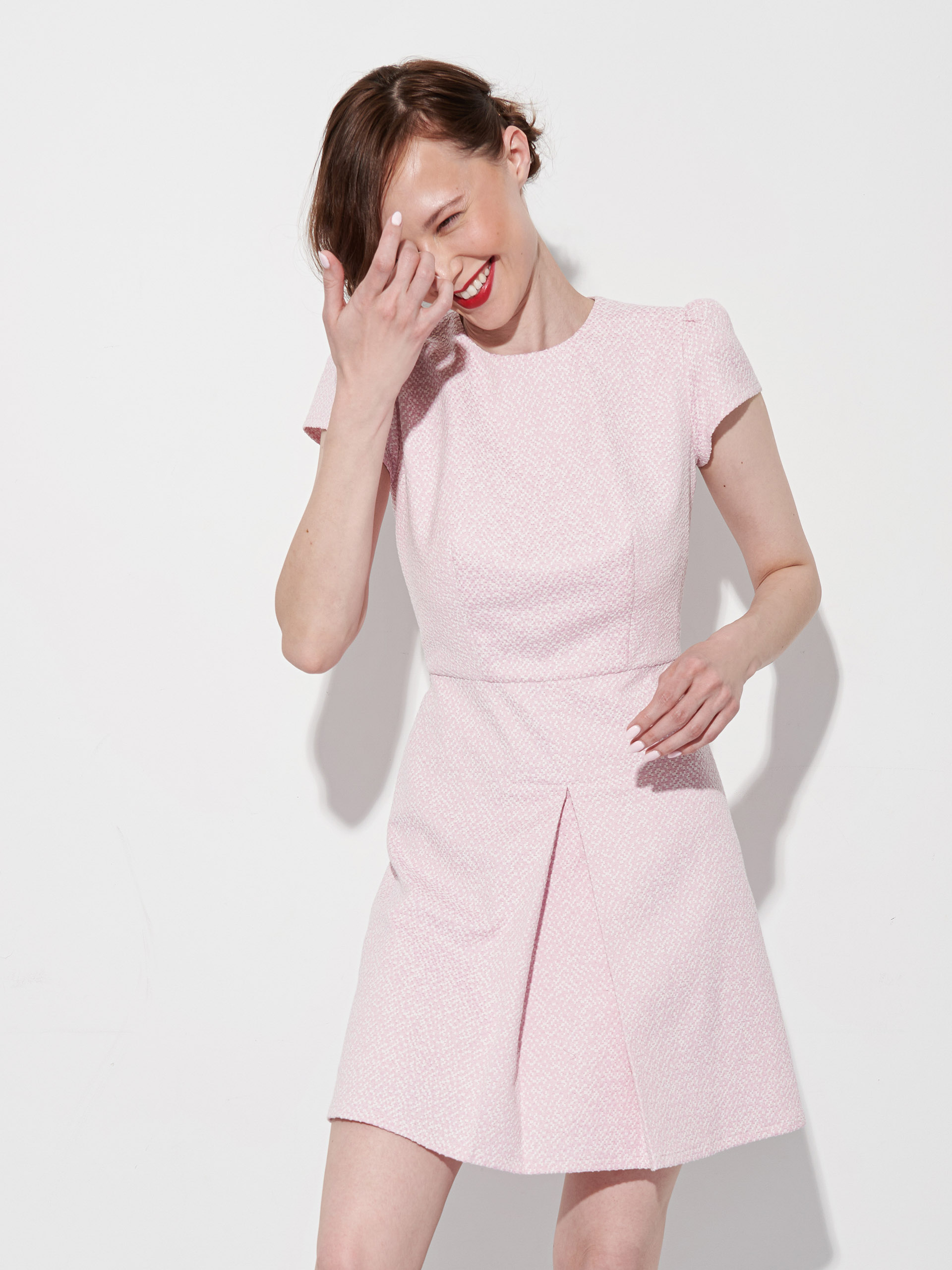baby pink jacquard mini dress crop front • Sassa Björg