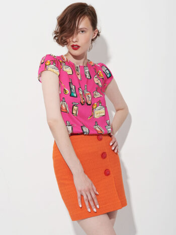 orange straight mini skirt with buttons side angle • Sassa Björg