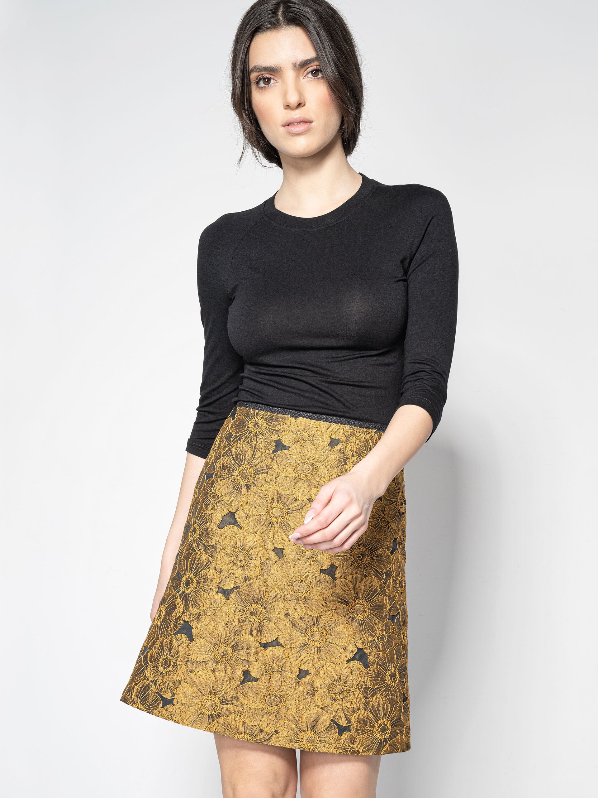 mini skirt gold jacquard pattern walking crop • Sassa Björg