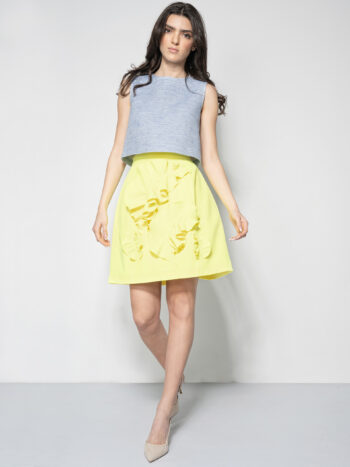 neon skirt with 3d flowers blue crop top walking • Sassa Björg