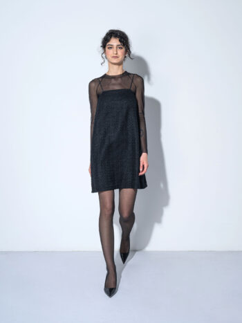 black tweed pinafore dress walking • Sassa Björg