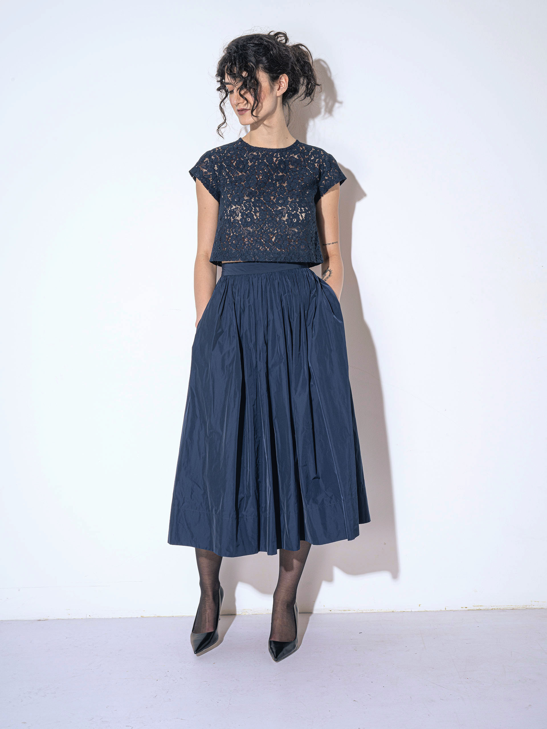 gathered taffeta skirt navy blue pockets warmerer • Sassa Björg