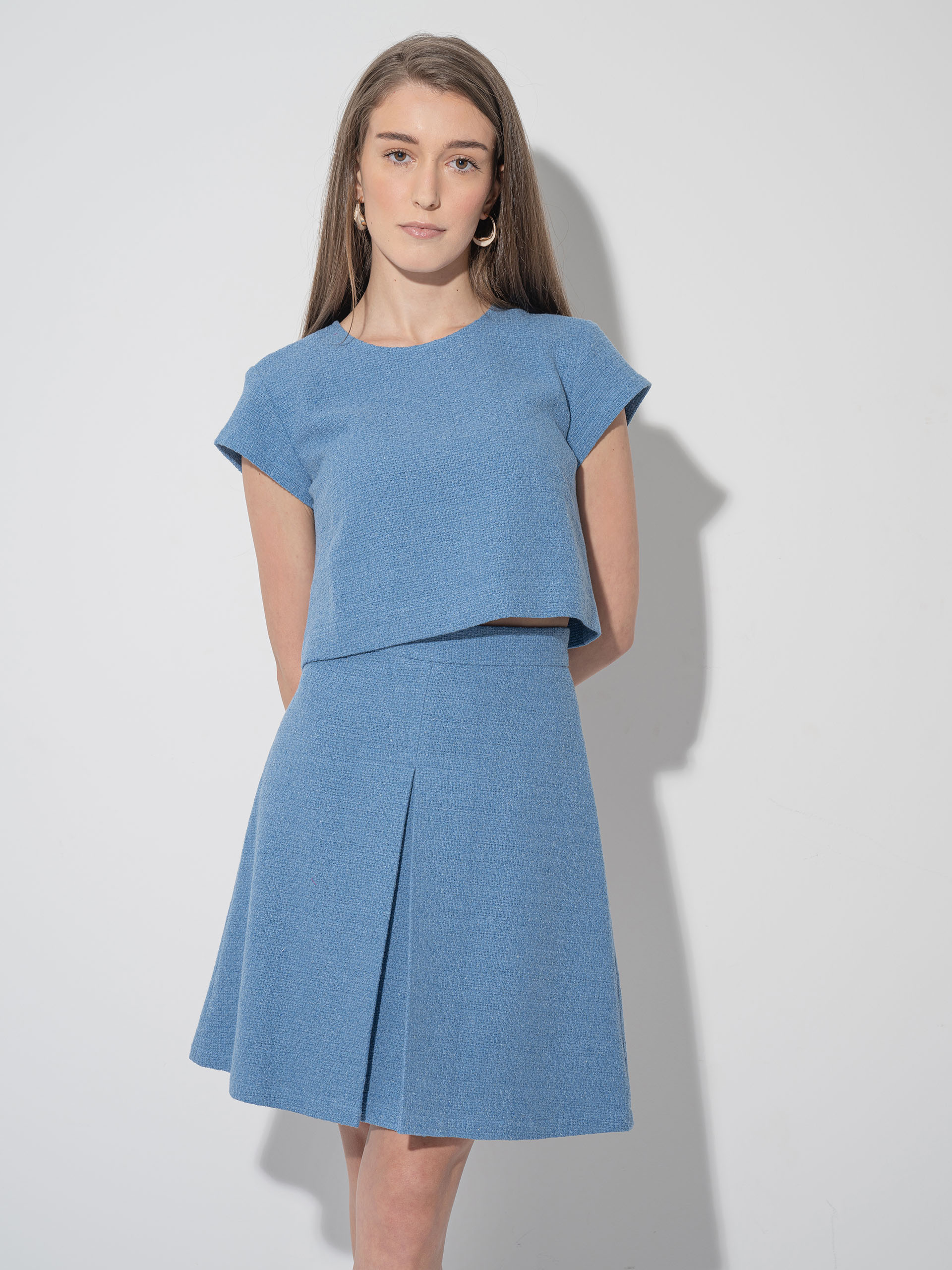 mini tweed skirt box pleat blue • Sassa Björg