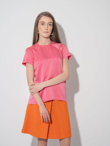 salmon pink textured blouse untucked • Sassa Björg